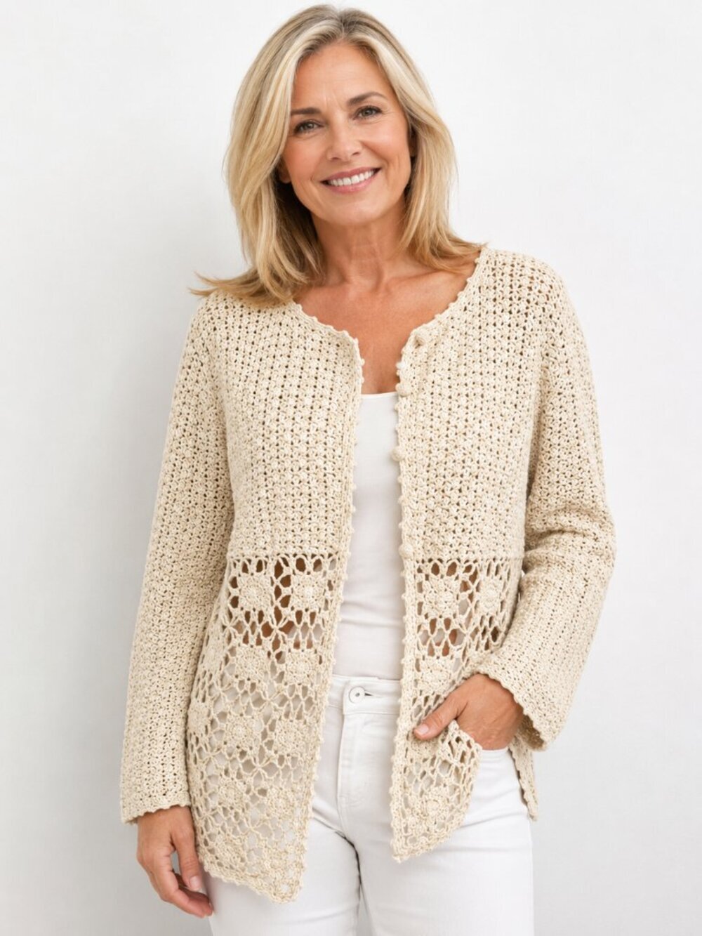 Crocheted Openwork Cardigan 100% Cotton Sweater - L